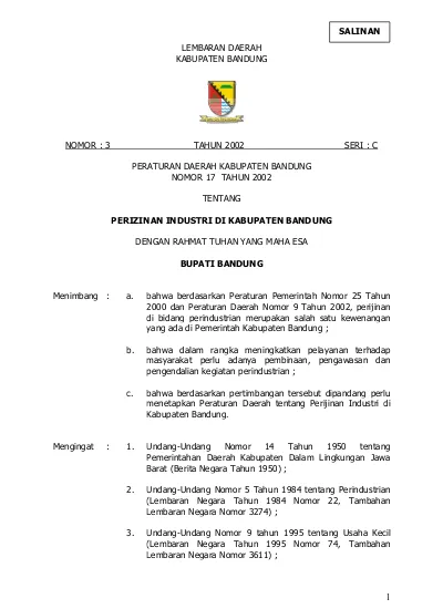 NOMOR : 3 TAHUN 2002 SERI : C PERATURAN DAERAH KABUPATEN BANDUNG NOMOR 17 TAHUN 2002 TENTANG ...