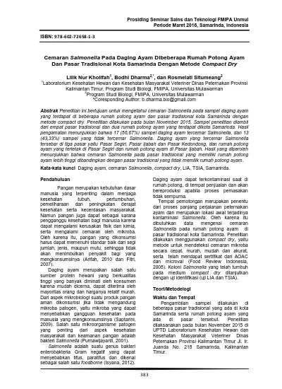 Cemaran Salmonella Pada Daging Ayam Dibeberapa Rumah Potong Ayam Dan Pasar Tradisional Kota Samarinda Dengan Metode Compact Dry