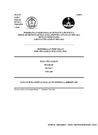 Sulit 1249 1 Sejarah Kertas 1 September 1 Jam