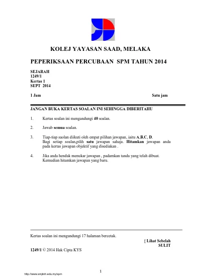 Kolej Yayasan Saad Melaka Peperiksaan Percubaan Spm Tahun 2014