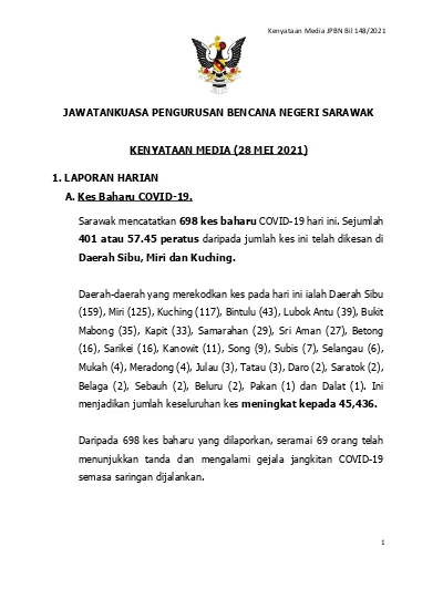 Jawatankuasa Pengurusan Bencana Negeri Sarawak Kenyataan Media 05 Julai 2021