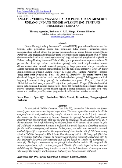 ANALISIS YURIDIS SPIN OFF DALAM PERUSAHAAN MENURUT UNDANG-UNDANG NOMOR ...