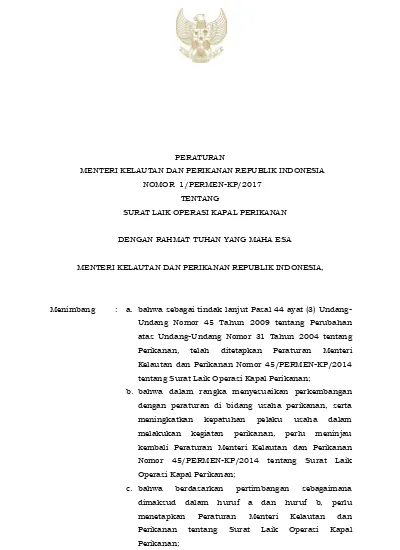 PERATURAN MENTERI KELAUTAN DAN PERIKANAN REPUBLIK INDONESIA NOMOR 1 ...