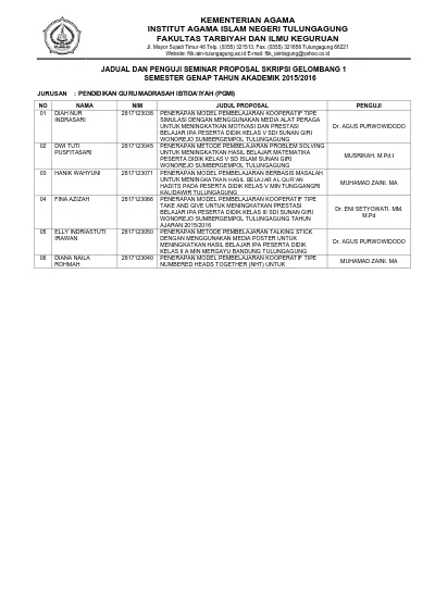 Jadual Dan Penguji Seminar Proposal Skripsi Gelombang 1 Semester Genap Tahun Akademik 2015 2016