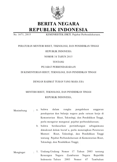 BERITA NEGARA. KEMENRISTEK-DIKTI. Pejabat Perbendaharaan. PERATURAN ...