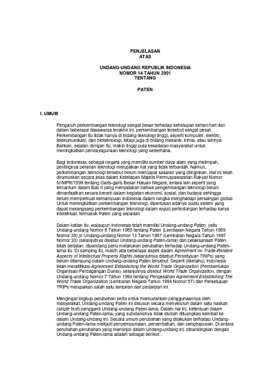 PENJELASAN ATAS UNDANG-UNDANG REPUBLIK INDONESIA NOMOR 14 TAHUN 2001 ...