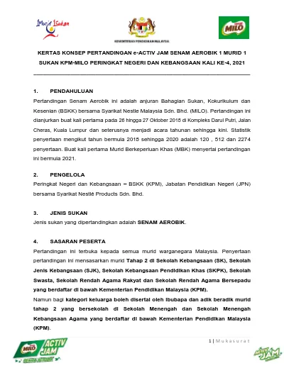 Kertas Konsep Pertandingan E Activ Jam Senam Aerobik 1 Murid 1 Sukan Kpm Milo Peringkat Negeri Dan Kebangsaan Kali Ke 4 2021