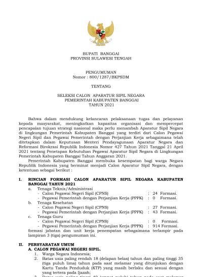 Bupati Banggai Provinsi Sulawesi Tengah Pengumuman Nomor 800 1287 Bkpsdm Tentang