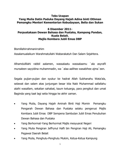 Teks Ucapan Yang Mulia Datin Paduka Dayang Hajah Adina Binti Othman Pemangku Menteri Kementerian Kebudayaan Belia Dan Sukan