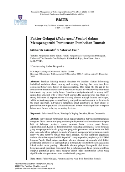 Rmtb Faktor Gelagat Behavioral Factor Dalam Mempengaruhi Pemutusan Pembelian Rumah