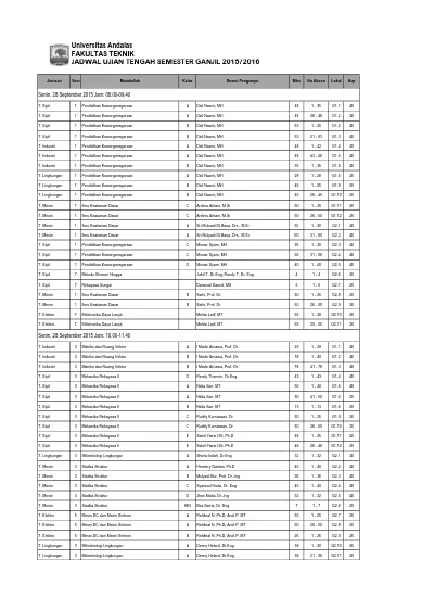 Universitas Andalas Fakultas Teknik Jadwal Ujian Tengah Semester Ganjil 