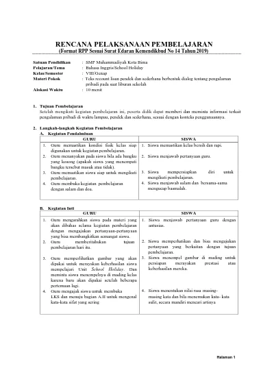 Rencana Pelaksanaan Pembelajaran Format Rpp Sesuai Surat Edaran Kemendikbud No 14 Tahun 2019 7919