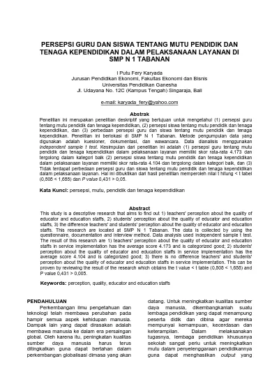 Persepsi Guru Dan Siswa Tentang Mutu Pendidik Dan Tenaga Kependidikan Dalam Pelaksanaan Layanan Di Smp N 1 Tabanan