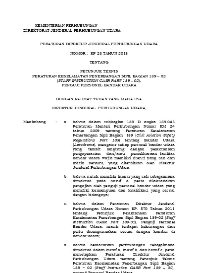 PERATURAN DIREKTUR JENDERAL PERHUBUNGAN UDARA NOMOR : KP 23 TAHUN 2015 ...