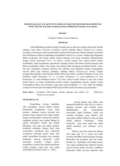 Formulasi Dan Uji Aktivitas Sediaan Obat Kumur Ekstrak Rimpang Temu
