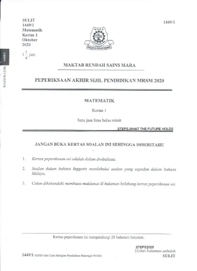 Matematik Peperiksaan Aki Ir Sijil Pendidikan Mrsm 2o2o 1 L Ram 4 Maktab Rendah Saii S Mara V Fr Z Ti