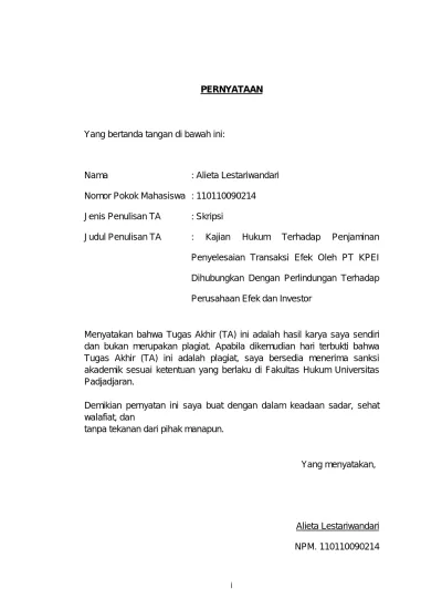 Pernyataan Judul Penulisan Ta Kajian Hukum Terhadap Penjaminan Perusahaan Efek Dan Investor