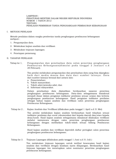 Lampiran Peraturan Menteri Dalam Negeri Republik Indonesia Nomor 1 Tahun 2012 Tentang
