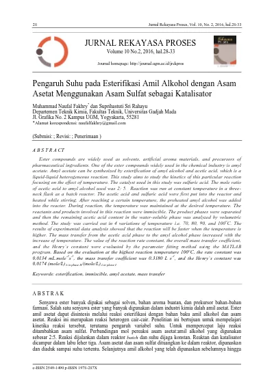 JURNAL REKAYASA PROSES. Pengaruh Suhu Pada Esterifikasi Amil Alkohol ...