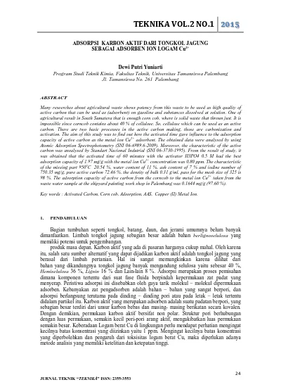 Kajian Penggunaan Arang Aktif Tongkol Jagung Sebagai Adsorben Logam Pb Dengan Beberapa Aktivator Asam Alfiany Natural Science Journal Of Science And Technology 1869 5438 1 Pb