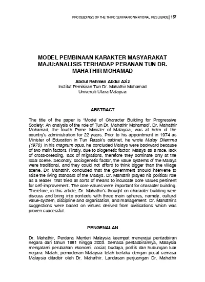 MODEL PEMBINAAN KARAKTER MASYARAKAT MAJU:ANALISIS TERHADAP PERANAN 