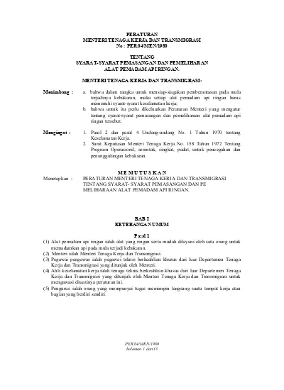 PERATURAN MENTERI TENAGA KERJA DAN TRANSMIGRASI. No : PER.04/MEN/1980 ...