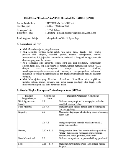 RENCANA PELAKSANAAN PEMBELAJARAN HARIAN (RPPH) : Binatang / Binatang Darat / Berkaki 2 (Ayam Jago)