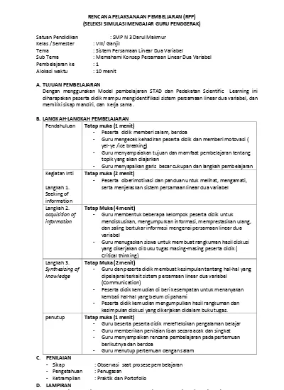 RENCANA PELAKSANAAN PEMBELJARAN (RPP) (SELEKSI SIMULASI MENGAJAR GURU ...