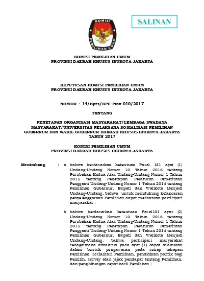 KOMISI PEMILIHAN UMUM PROVINSI DAERAH KHUSUS IBUKOTA JAKARTA KEPUTUSAN ...