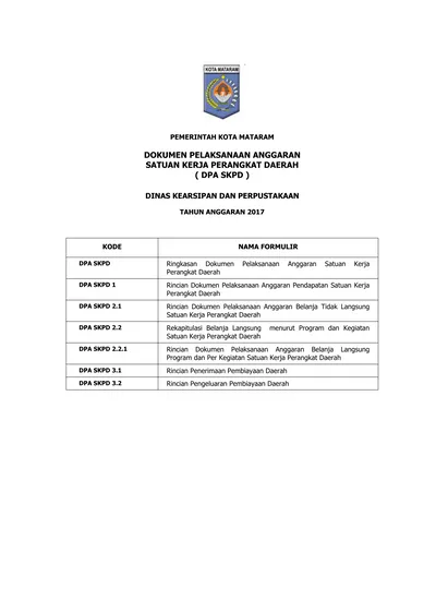 DOKUMEN PELAKSANAAN ANGGARAN SATUAN KERJA PERANGKAT DAERAH ( DPA SKPD )