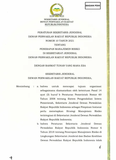 PERATURAN SEKRETARIS JENDERAL DEWAN PERWAKILAN RAKYAT REPUBLIK INDONESIA