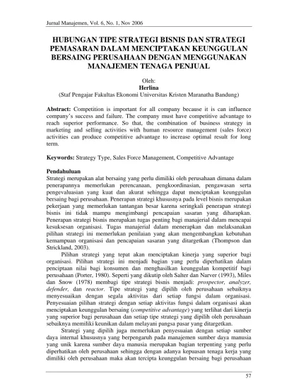 Hubungan Tipe Strategi Bisnis Dan Strategi Pemasaran Dalam Menciptakan Keunggulan Bersaing Perusahaan Dengan Menggunakan Manajemen Tenaga Penjual