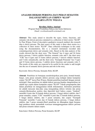 Analisis Deiksis Persona Dan Peran Semantis Dalam Kumpulan Cerpen Klop Karya Putu Wijaya