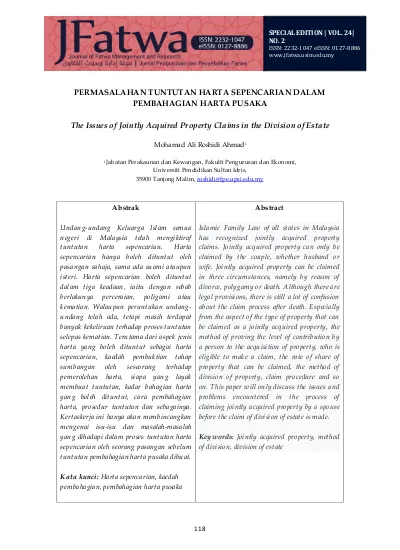 Permasalahan Tuntutan Harta Sepencarian Dalam Pembahagian Harta Pusaka The Issues Of Jointly Acquired Property Claims In The Division Of Estate