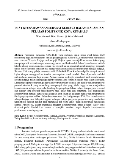 Niat Keusahawanan Sebagai Kerjaya Dalam Kalangan Pelajar Politeknik Kota Kinabalu