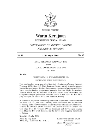 NEGERI PAHANG. Warta Kerajaan DITERBITKAN DENGAN KUASA GOVERNMENT 