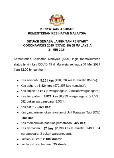 KENYATAAN AKHBAR KEMENTERIAN KESIHATAN MALAYSIA SITUASI SEMASA 