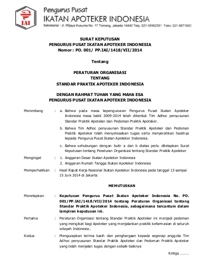 SURAT KEPUTUSAN PENGURUS PUSAT IKATAN APOTEKER INDONESIA Nomor : PO ...