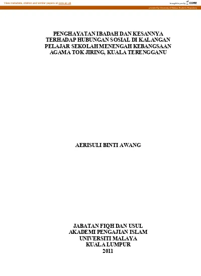 Penghayatan Ibadah Dan Kesannya Terhadap Hubungan Sosial Di Kalangan Pelajar Sekolah Menengah Kebangsaan Agama Tok Jiring Kuala Terengganu