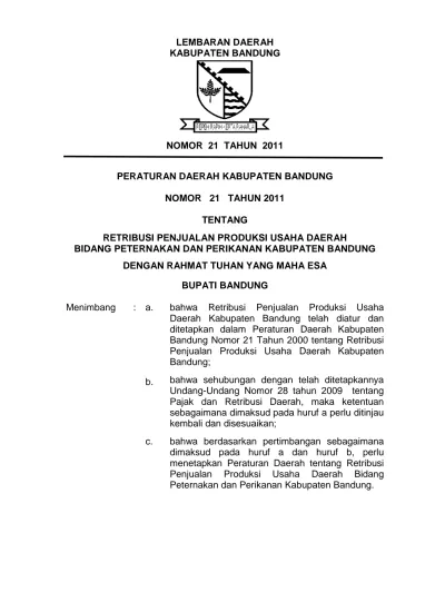 LEMBARAN DAERAH KABUPATEN BANDUNG NOMOR 21 TAHUN 2011 PERATURAN DAERAH KABUPATEN BANDUNG NOMOR ...