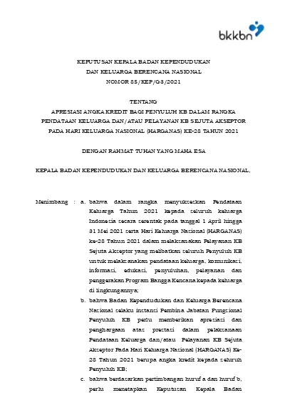 KEPUTUSAN KEPALA BADAN KEPENDUDUKAN DAN KELUARGA BERENCANA NASIONAL ...