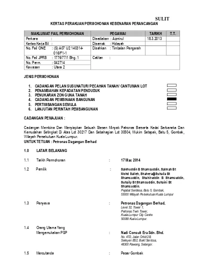 Sulit Kertas Perakuan Permohonan Kebenaran Perancangan