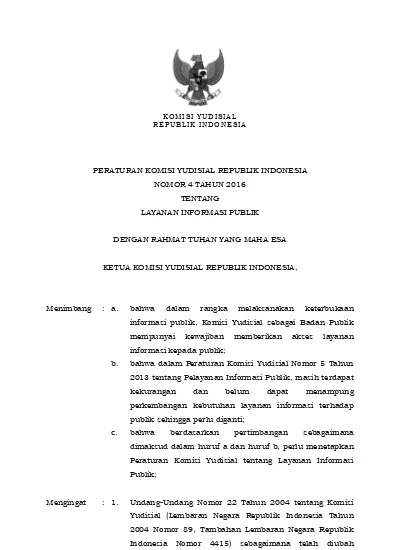 PERATURAN KOMISI YUDISIAL REPUBLIK INDONESIA NOMOR 4 TAHUN 2016 TENTANG ...