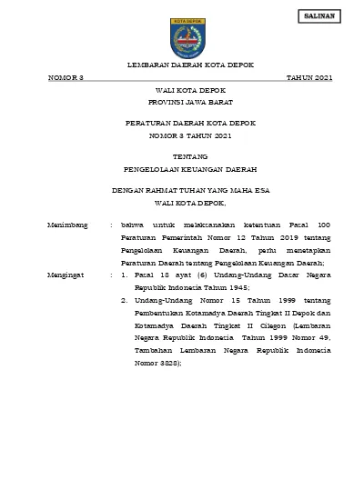 LEMBARAN DAERAH KOTA DEPOK NOMOR 3 TAHUN 2021 WALI KOTA DEPOK PROVINSI ...