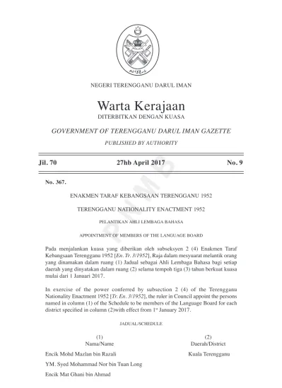 Warta Kerajaan Government Of Terengganu Darul Iman Gazette Published By Authority Jil Hb Julai 2017 No 15 Akta Perhutanan Negara 1984
