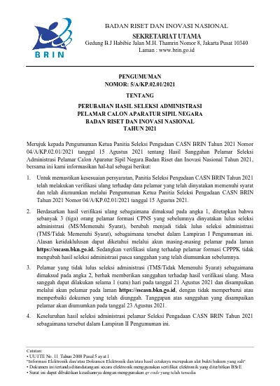 BADAN RISET DAN INOVASI NASIONAL SEKRETARIAT UTAMA Gedung B.J Habibie ...