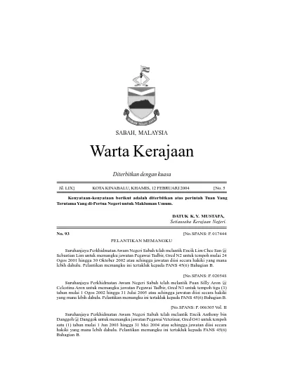 WARTA KERAJAAN NEGERI SABAH SABAH, MALAYSIA. Warta Kerajaan ...