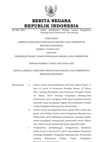 BERITA NEGARA REPUBLIK INDONESIA No.486, 2021 LKPP. Pembinaan Pelaku ...