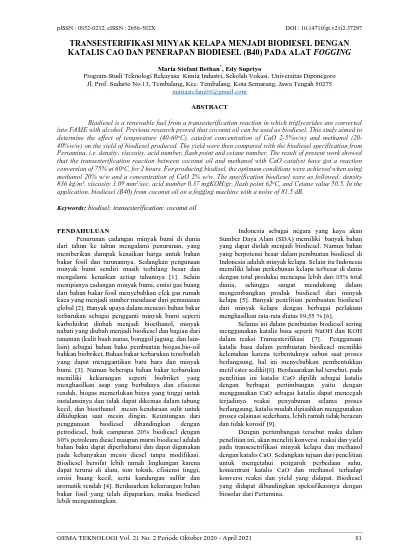 TRANSESTERIFIKASI MINYAK KELAPA MENJADI BIODIESEL DENGAN KATALIS CAO ...