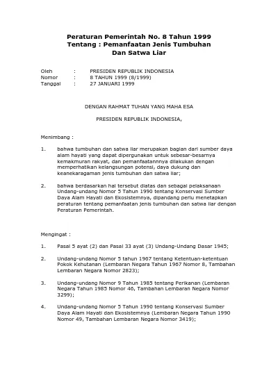 Peraturan Pemerintah No. 8 Tahun 1999 Tentang : Pemanfaatan Jenis ...